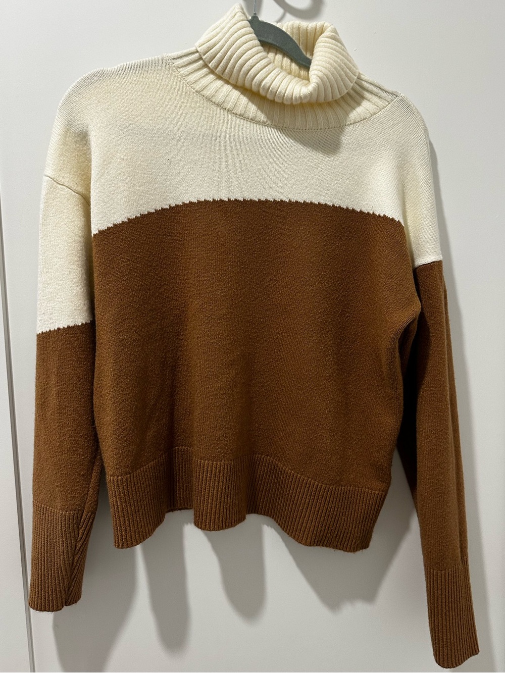 Anthropologie Two-Tone Turtleneck Sweater in Cream and Brown